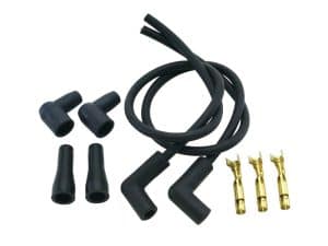 Flexible spark plug leads with gold connectors for motorcycle ignition system in black.