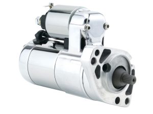 High-performance motorcycle starter motor for Revelry Cycles custom bikes.