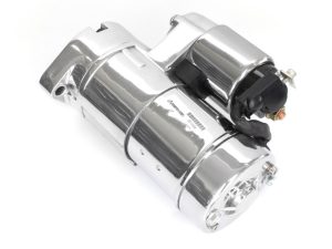 Chrome motorcycle starter motor for Harley Davidson bikes.