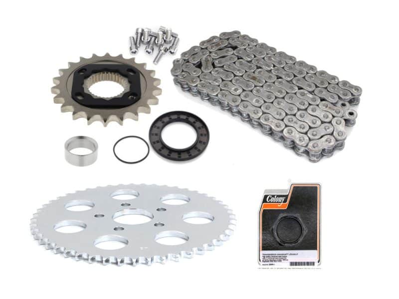 Rear Drive Belt to Chain Conversion. Fits Sportster 1991-1999. Chrome Rear Sprocket. Final Drive Ratio = 2.18:1 High-quality motorcycle chain and sprocket kit for Revelry Motorcycles enthusiasts.