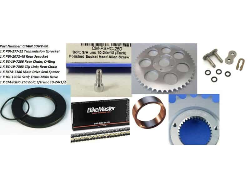 Alt text only: Motorcycle transmission sprocket and chain kit for Revelry Motorcycles.