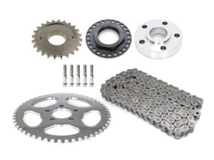 High-performance motorcycle chain and sprocket kit for Harley-Davidson bikes.