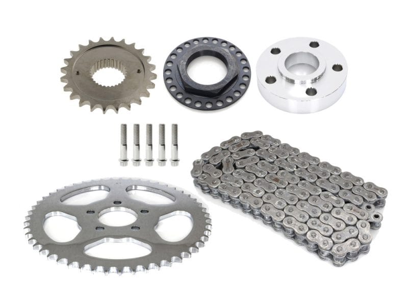 High-performance motorcycle chain and sprocket kit for Harley-Davidson bikes.