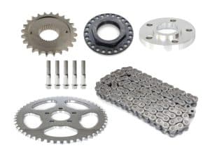 High-performance motorcycle sprockets and chain set for Revelry Motorcycles builds in Australia.