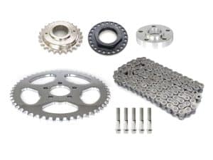 Enhanced motorcycle sprocket and chain set for Revelry Motorcycles. Precision-engineered parts for optimal performance and durability.