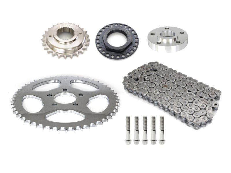 Enhanced motorcycle sprocket and chain set for Revelry Motorcycles. Precision-engineered parts for optimal performance and durability.