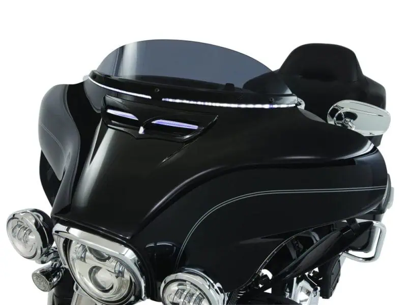 Horizon LED Windshield Trim with Sequential Amber Turn Sleek black motorcycle fairing with chrome accents and modern design elements.