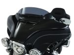 High-quality black motorcycle fairing with tinted windscreen and chrome accents for Harley Davidson displays.