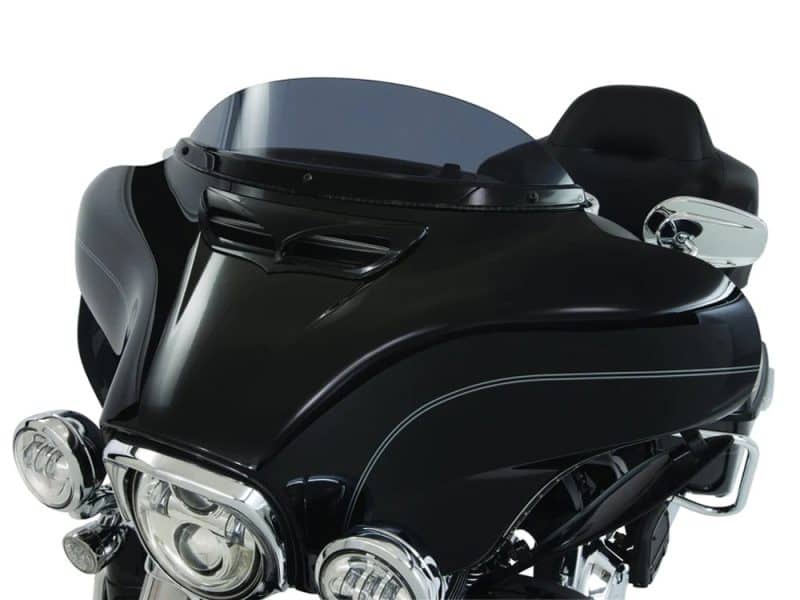 High-quality black motorcycle fairing with tinted windscreen and chrome accents for Harley Davidson displays.