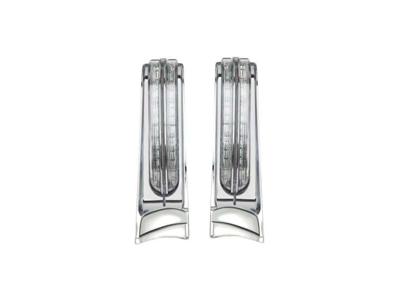 Shiny chrome motorcycle turn signal lights for Revelry Motorcycles.