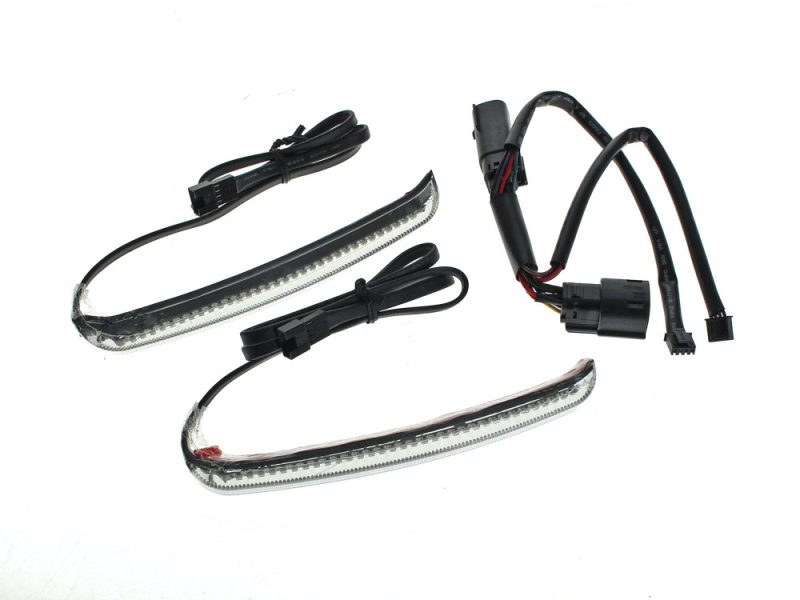 LED motorcycle turn signal lights with wiring harness and connectors for Revelry Motorcycles.