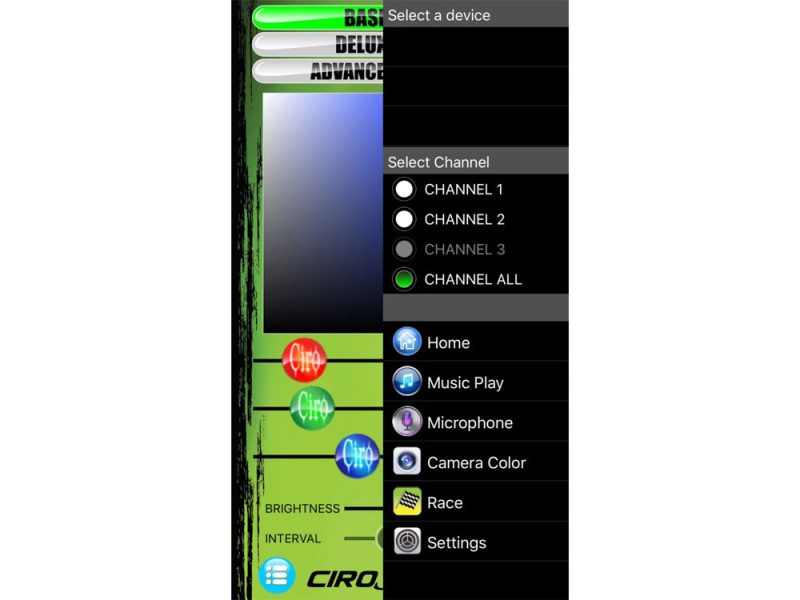 Remote control interface for motorcycle LED lighting system, featuring channel selection and lighting settings.