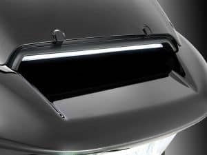 High-performance motorcycle windshield with integrated LED light for Revelry Motorcycles.