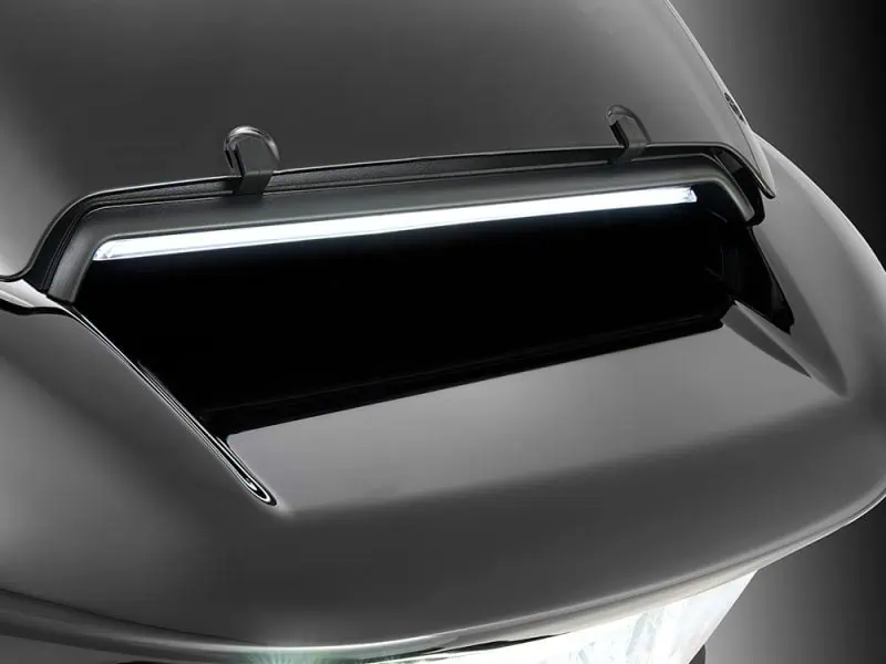 LED Fairing Vent Insert With Amber & White LED's - Gloss Black with Smoked Lens. Fits Road Glide 2024up & CVO Roadglide (inc 'STin.) 2023up. High-performance motorcycle windshield with integrated LED light for Revelry Motorcycles.