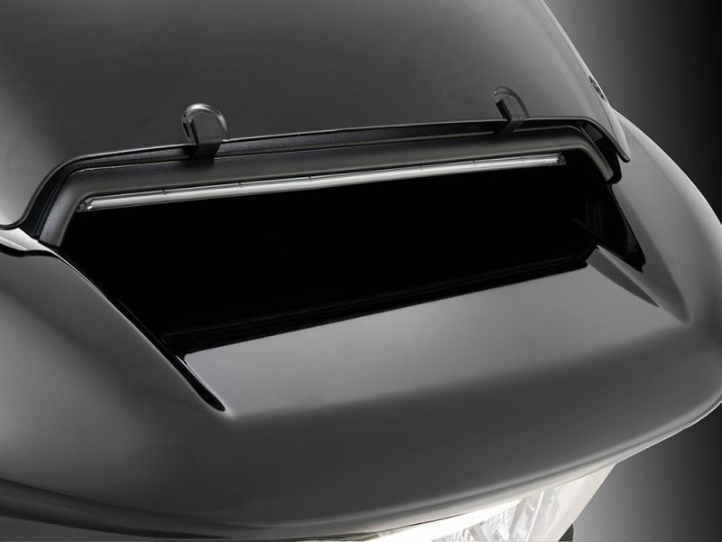 Motorcycle windshield with wind deflector for Revelry Motorcycles Custom builds.