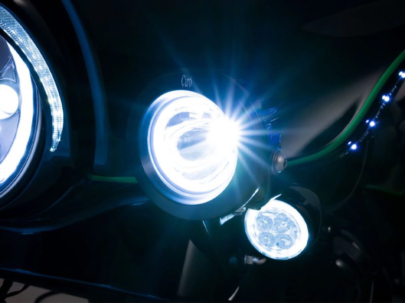 Bright LED headlights on a motorcycle for enhanced visibility and safety.