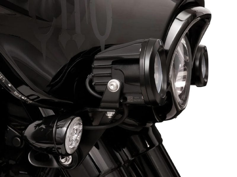 High-performance motorcycle headlight with sleek black design and advanced LED technology.