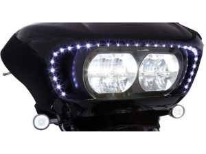 High-performance motorcycle headlight with LED accents, ideal for custom bikes and touring motorcycles.