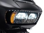 High-performance motorcycle headlight with LED and halogen lights for Revelry Motorcycles.