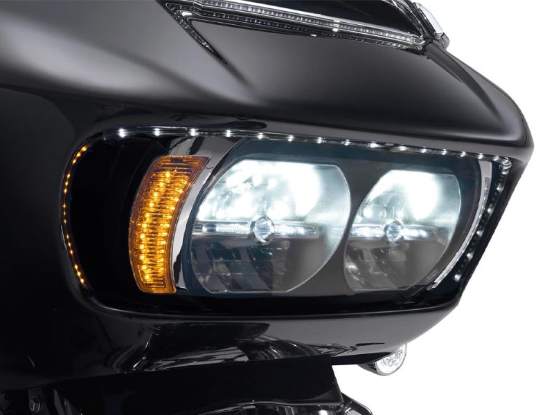 High-performance motorcycle headlight with LED and halogen lights for Revelry Motorcycles.