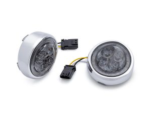 LED motorcycle headlights, circular chrome design, compatible with Revelry Motorcycles - premium quality lighting.