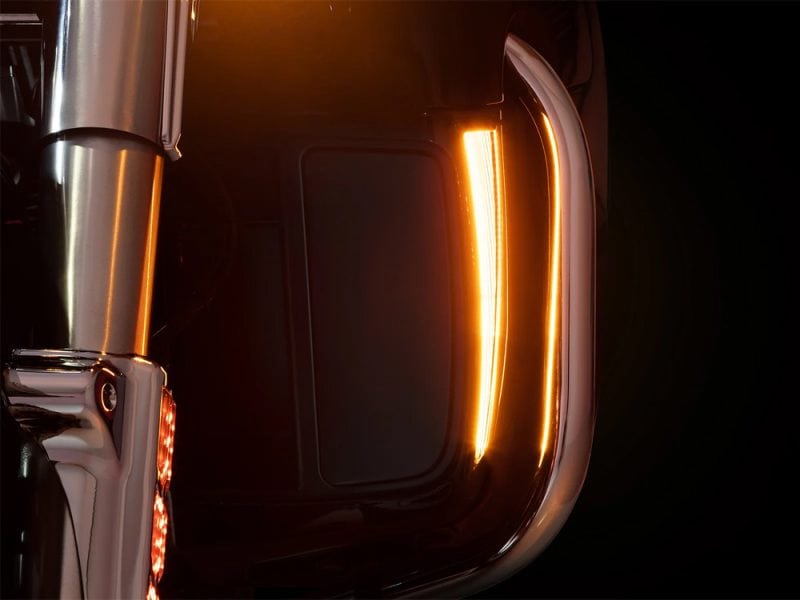 Sleek motorcycle headlight with bold LED lighting for Revelry Motorcycles, showcasing stylish design and high visibility.