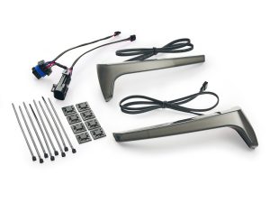 LED motorcycle turn signal kit with wiring, brackets, and mounting hardware for Revelry Motorcycles.