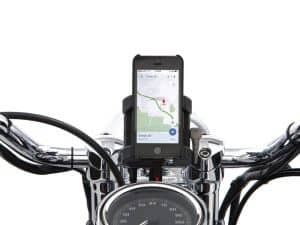 Android phone mounted on motorcycle handlebar with GPS navigation.