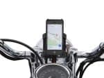 Motorcycle smartphone mount with GPS navigation on Rebelry Motorcycles classic bike handlebar.
