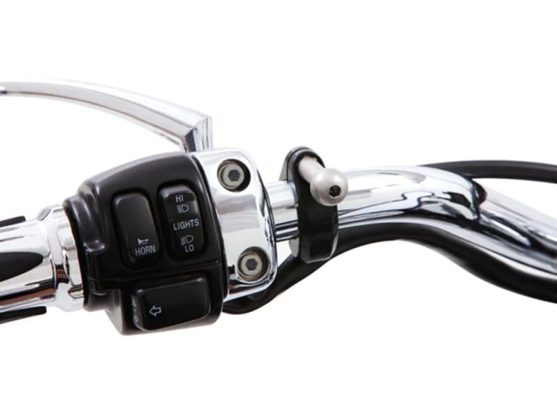 Motorcycle handlebars with control switches for lights, horn, and turn signals on a chrome finish Revelry motorcycle.