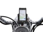 Smartphone mounted on motorcycle handlebars with GPS navigation.