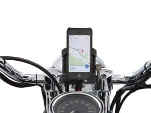 Motorcycle phone mount with navigation on a classic black cruiser bike.
