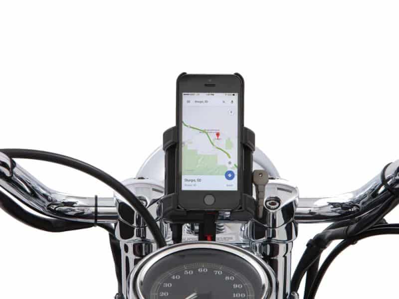 Motorcycle phone mount with navigation on a classic black cruiser bike.