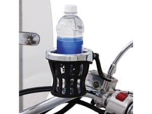 Bottle holder on Revelry Motorcycles handlebars with water bottle.