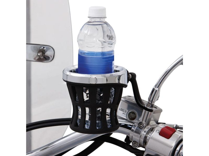 Drink Holder with Black Mirror Mount & Chrome Top Basket Bottle holder on Revelry Motorcycles handlebars with water bottle.