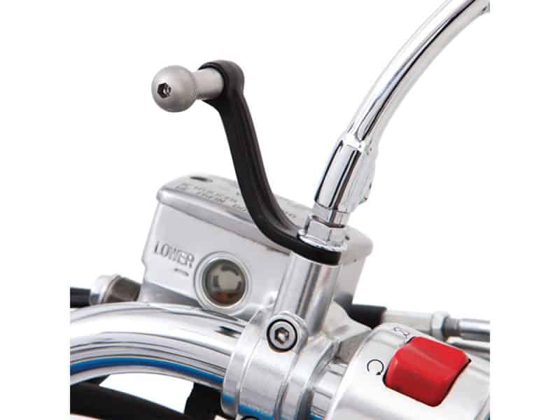 High-quality motorcycle handlebar control with chrome accents and adjustable features.