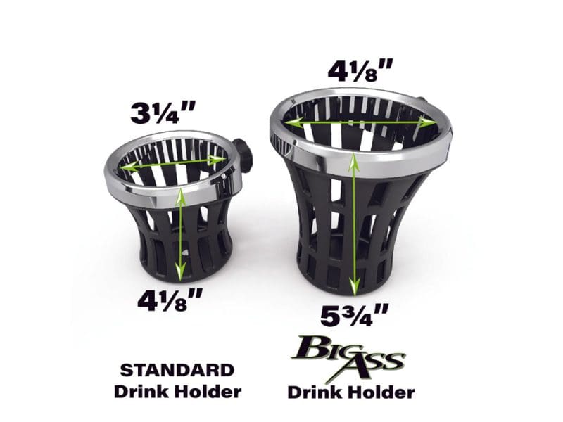 Aluminium motorcycle drink holder with adjustable size for bikes and cruisers.