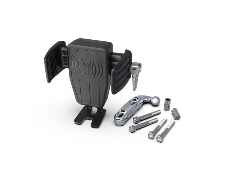 Secure motorcycle phone mount with adjustable arms for Revelry Motorcycles.