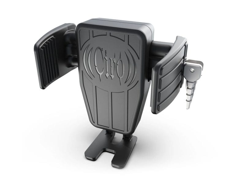 Heavy-duty motorcycle phone mount with adjustable arms for Revelry Motorcycles.