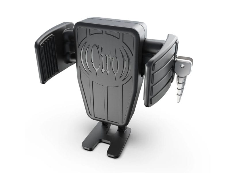 Wireless motorcycle phone mount with secure grip and adjustable viewing angle.