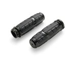 Smooth black motorcycle handlebar grips for enhanced riding comfort and control.
