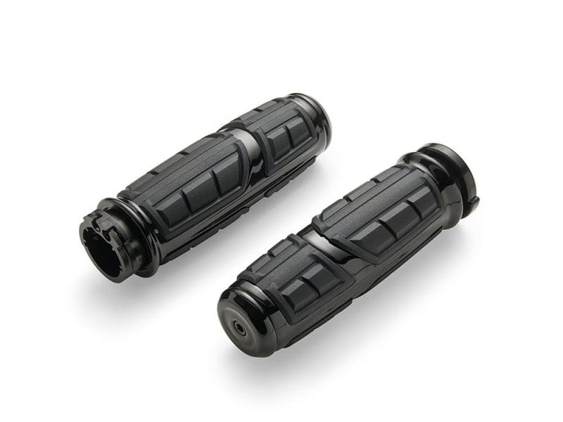 Smooth black motorcycle handlebar grips for enhanced riding comfort and control.