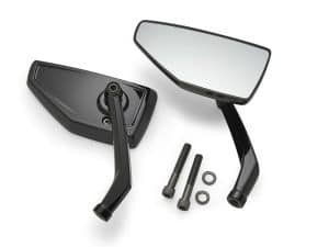 Black motorcycle side mirrors with mounting hardware for Revelry Motorcycles.
