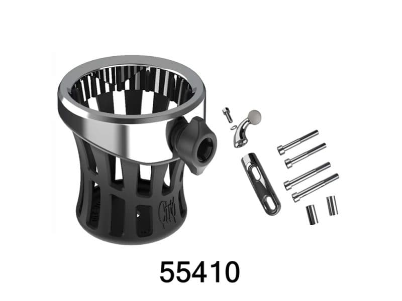 Drink Holder with Perch Mount - Chrome Revelry Motorcycles motorcycle part, black and silver design, compatible with custom motorcycle builds.