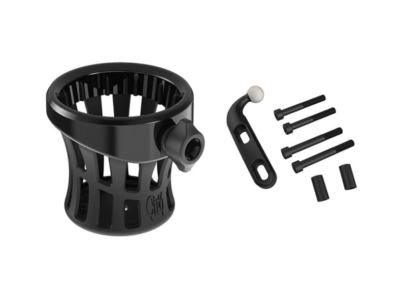 Drink Holder with Perch Mount - Black Replaceable black motorcycle part with screws and tools for customisation - Revelry Motorcycles.