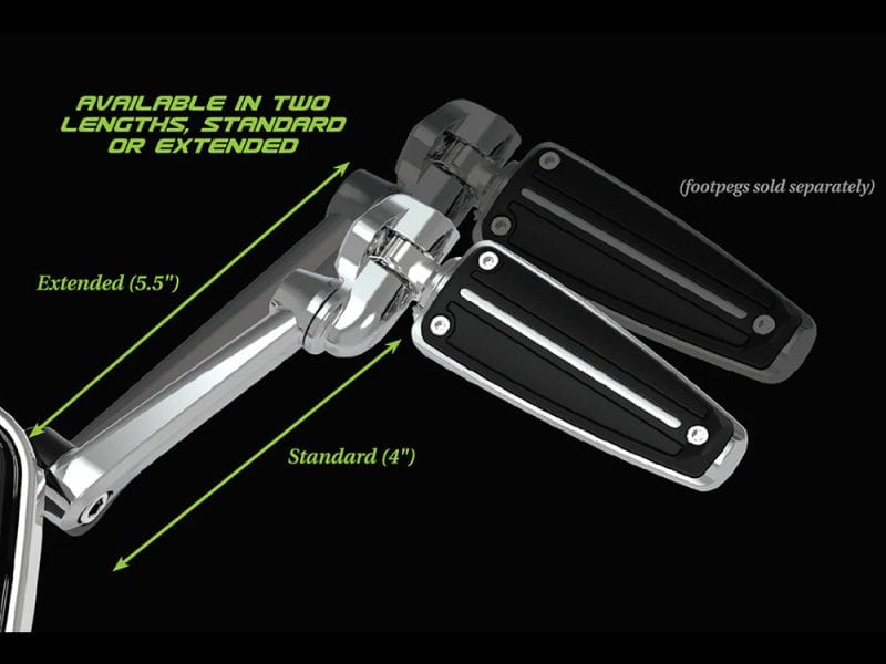 High-quality motorcycle foot pegs for Revelry Motorcycles, available in standard and extended lengths.