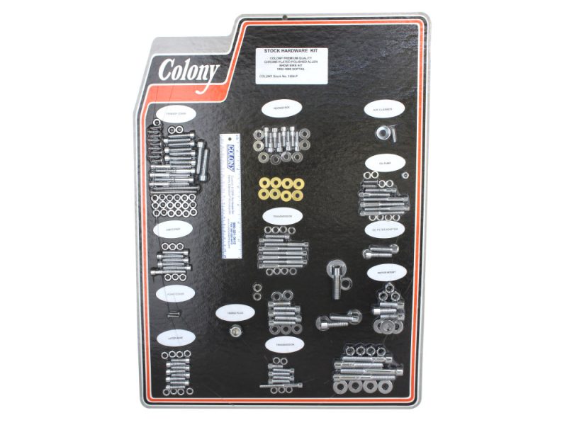 Polished Allen Head Show Bike Kit - Chrome. Fits Softail 1992-1999. Metal motorcycle hardware kit for Revelry Motorcycles, includes bolts, nuts, washers, and spacers.