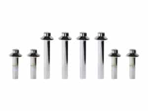 Chrome motorcycle bolt set for Revelry Motorcycles, durable silver fasteners, perfect for custom bike builds, high-quality hardware.