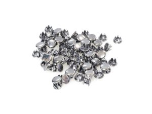 Shiny metal motorcycle fastener rivets for repairs and customization.