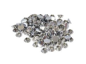 Shiny metal rivets and fasteners for motorcycle upholstery and parts in silver finish.